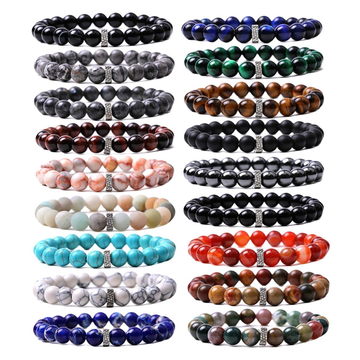 8mm Gemstone Beaded Bracelet  for Women Men Stainless Steel Spacer Stone  Round Beads Bracelets #SB2059