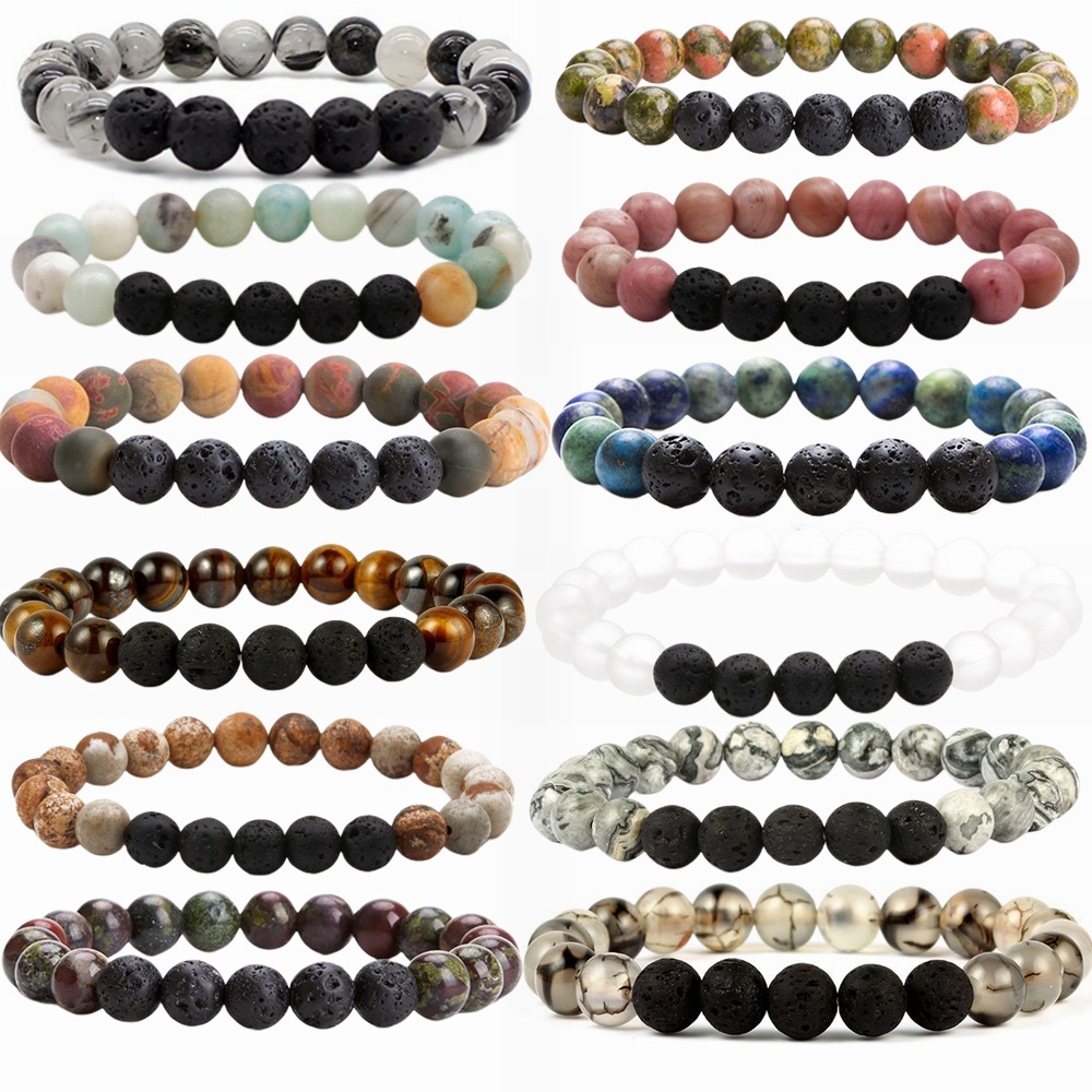8mm Gemstone Beaded Black Lava Rock Stone Bracelet for Women Men #SB2061