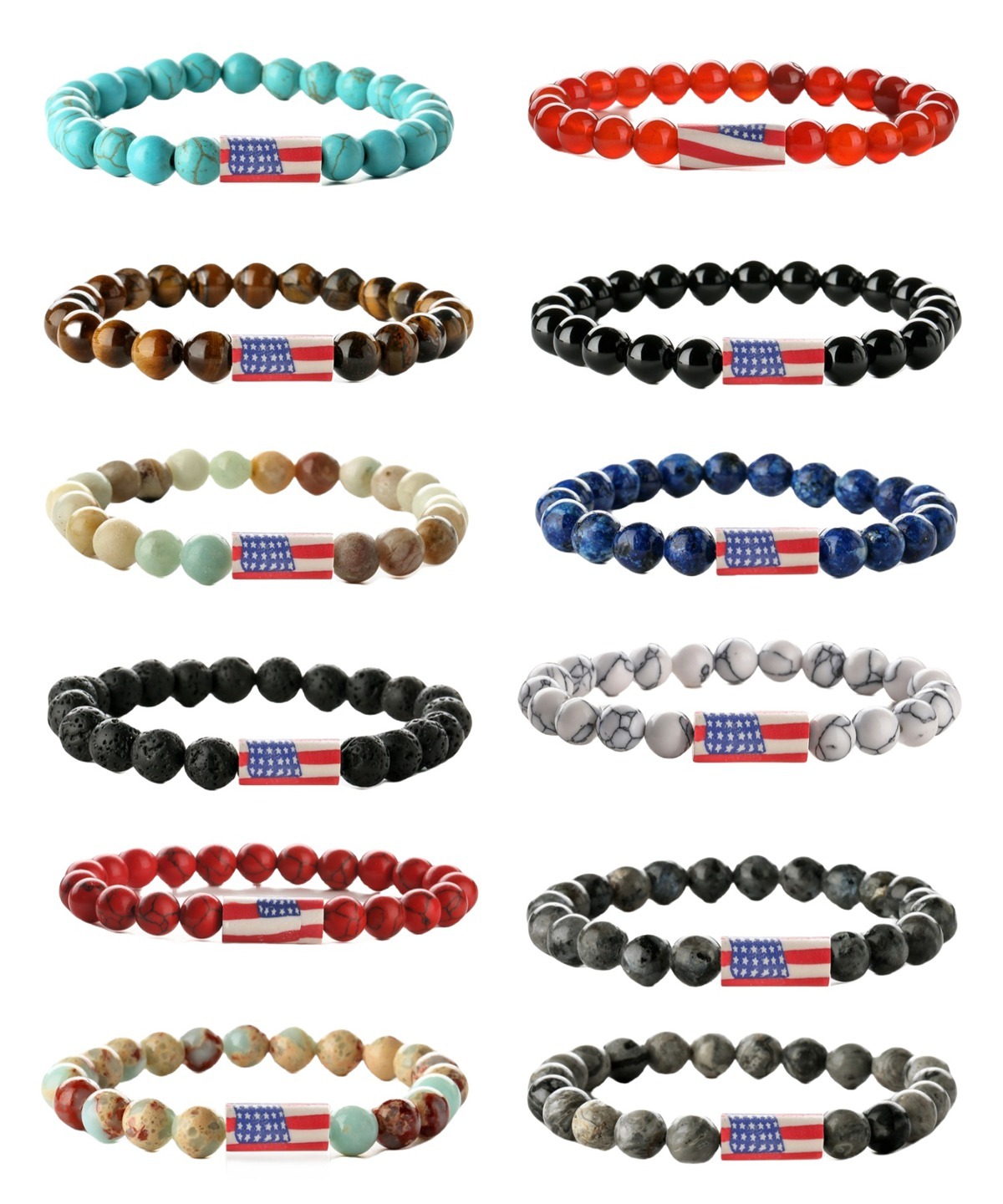 8mm Gemstone Beaded USA Flag Stone Bracelet for Women Men #SB2062