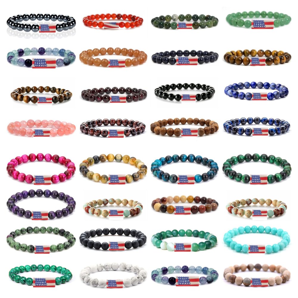 8mm Gemstone Beaded USA Flag Stone Bracelet for Women Men #SB2062