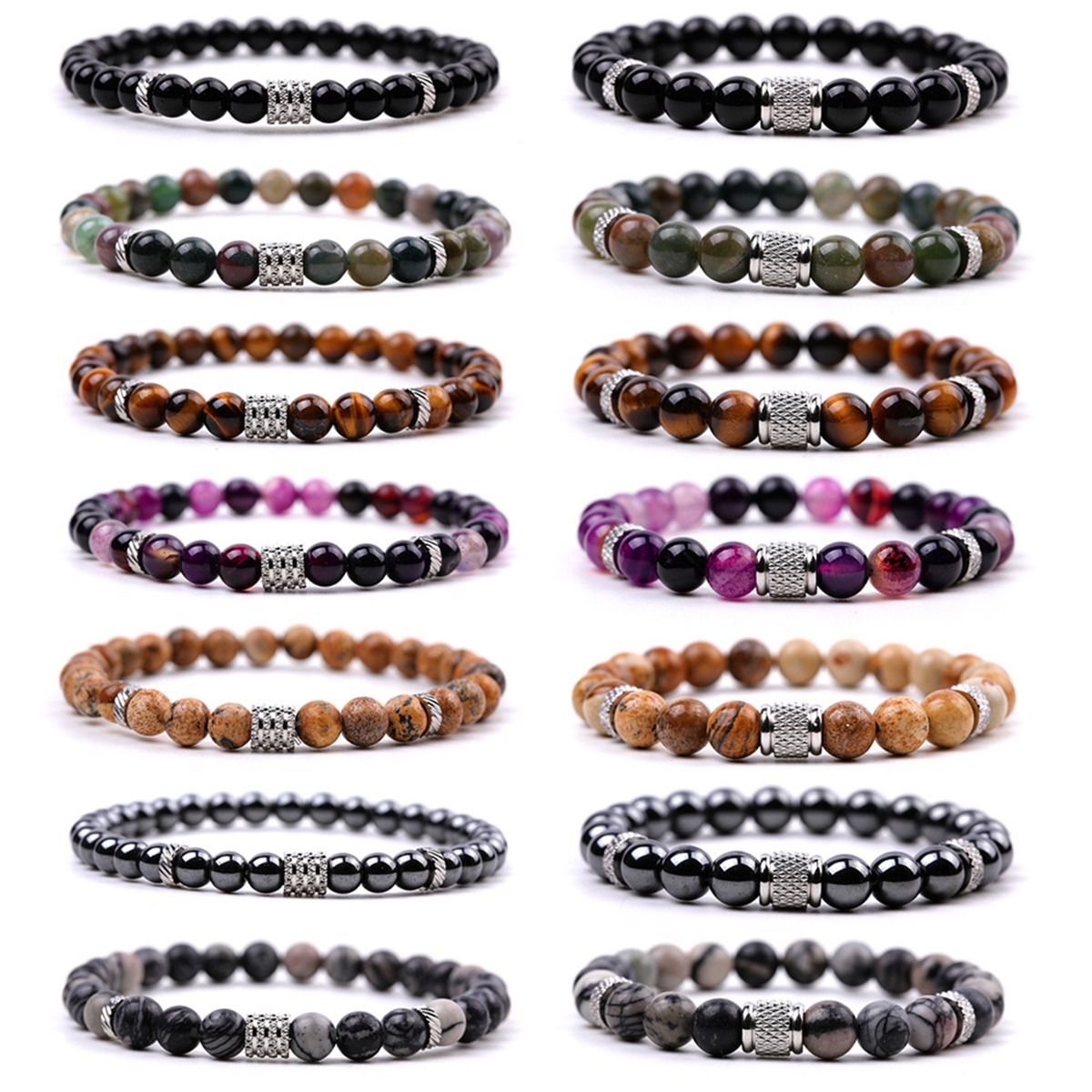 Couple Gemstone Stainless Steel Spacer Beads Bracelet for Women Men #SB2127