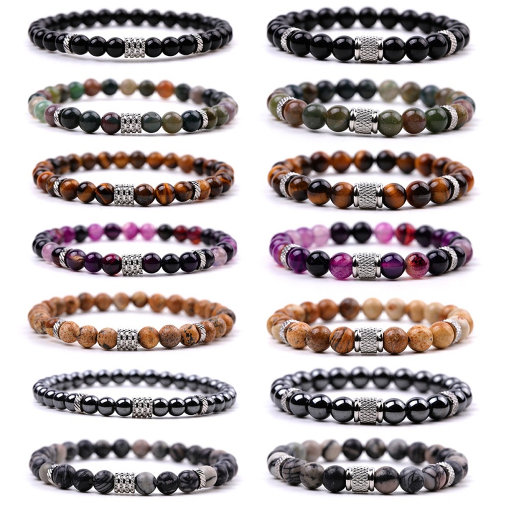 Couple Gemstone Stainless Steel Spacer Beads Bracelet for Women Men #SB2127