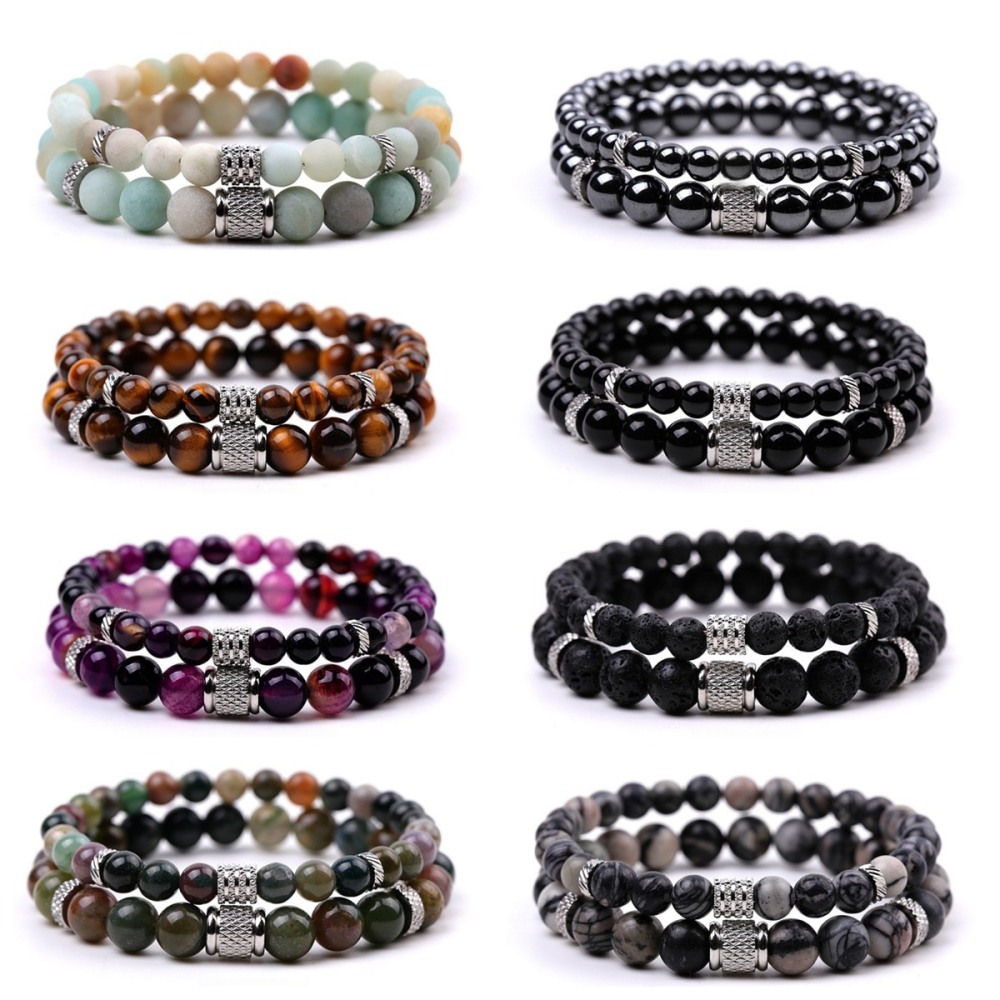Couple Gemstone Stainless Steel Spacer Beads Bracelet for Women Men #SB2127