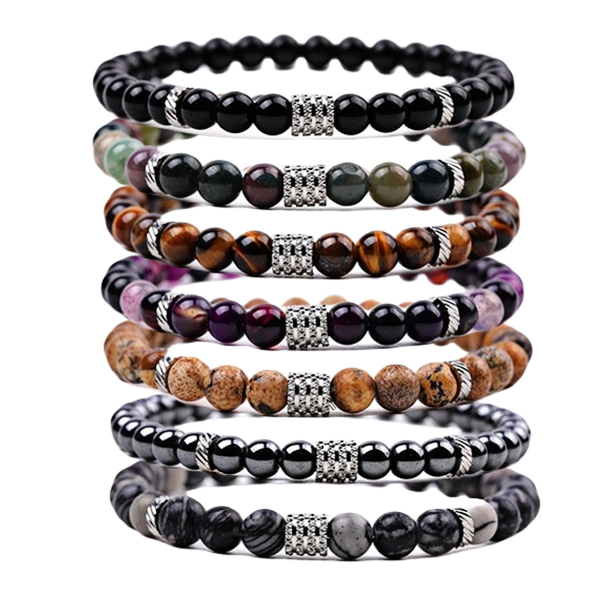 6mm Gemstone Stainless Steel Spacer Beads Bracelet for Women Men #SB2127