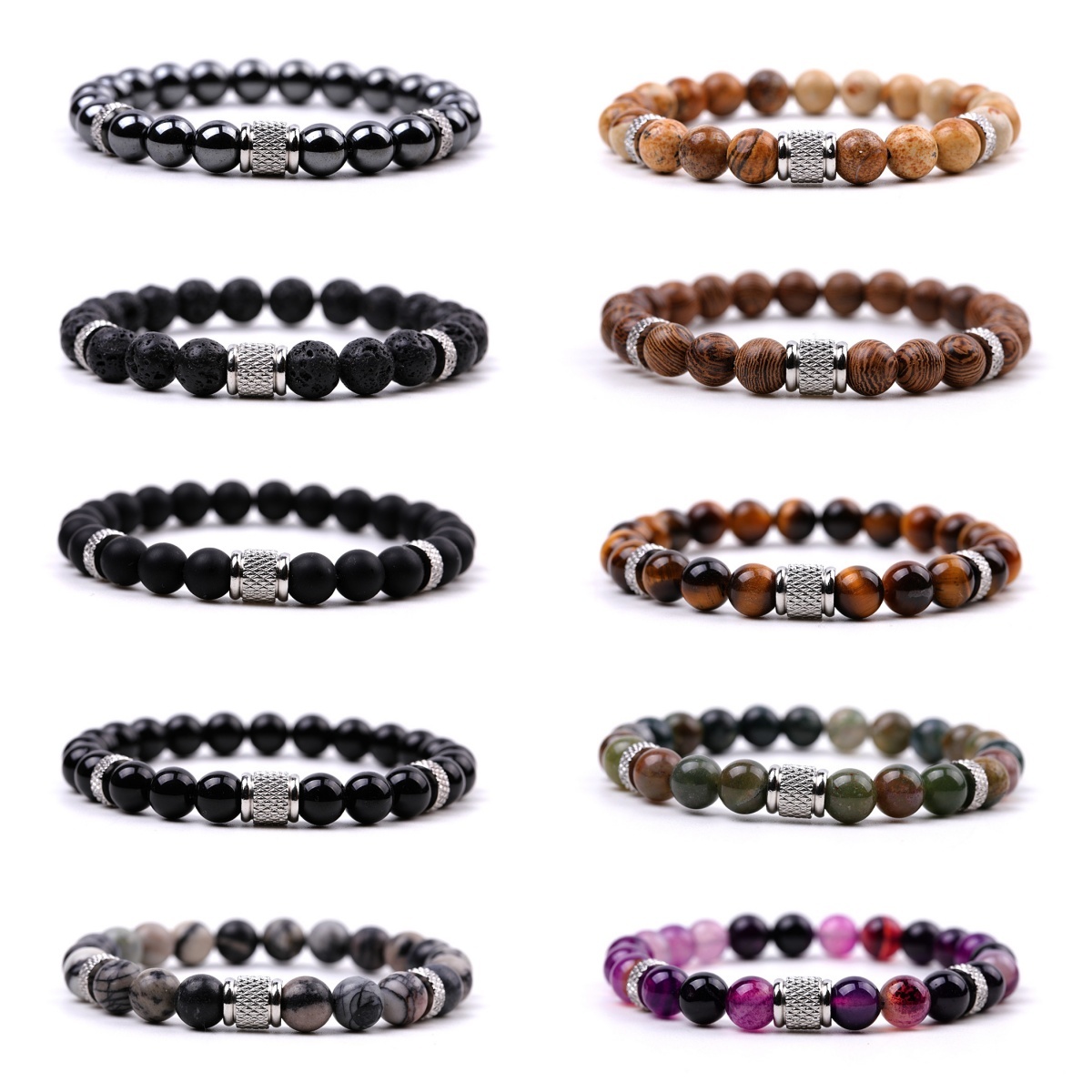 8mm Gemstone Stainless Steel Spacer Beads Bracelet for Women Men #SB2127