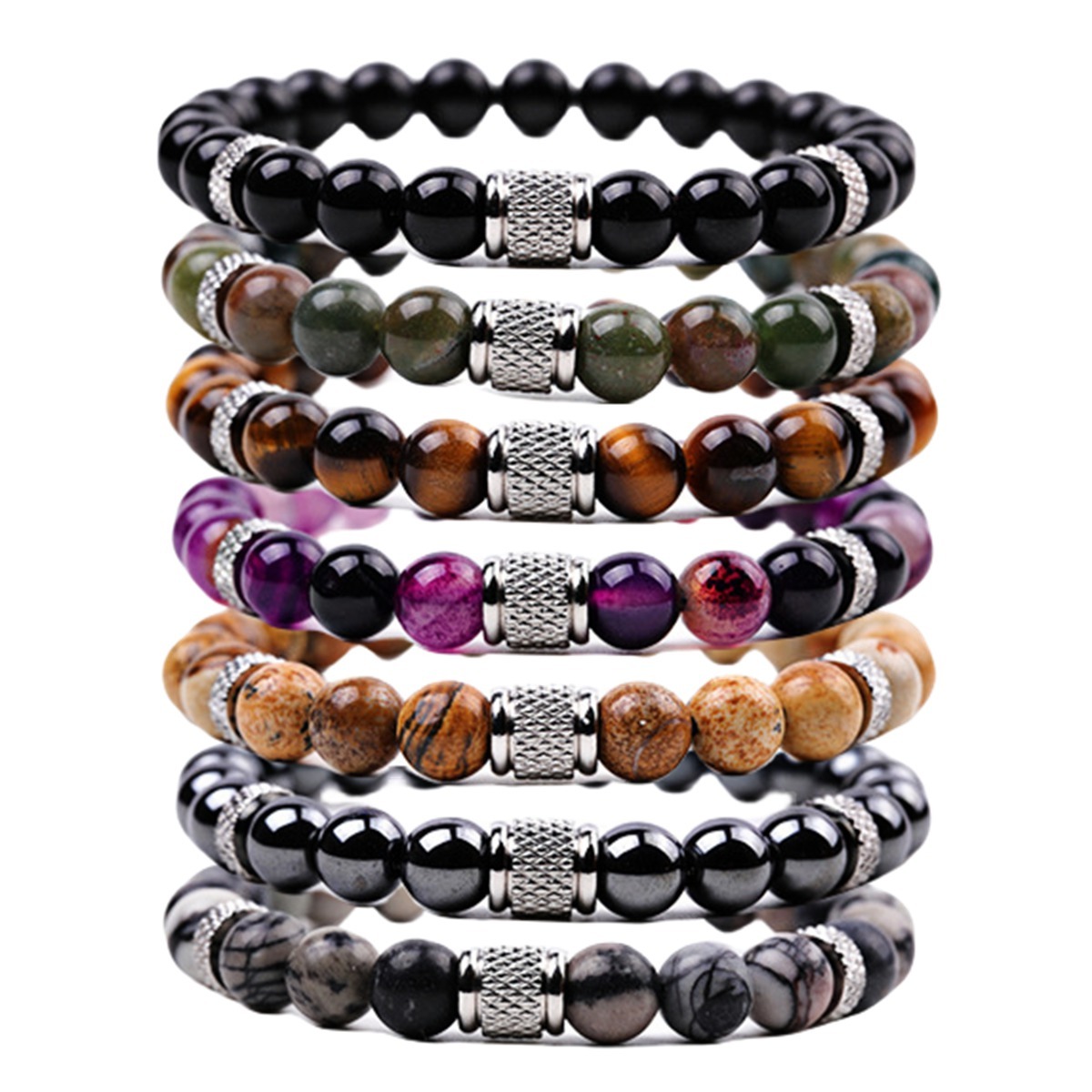 8mm Gemstone Stainless Steel Spacer Beads Bracelet for Women Men #SB2127