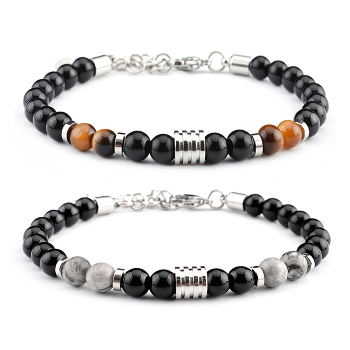 Stainless Steel Chain Black Onyx 6MM Gemstone Beads Bracelet SB2142