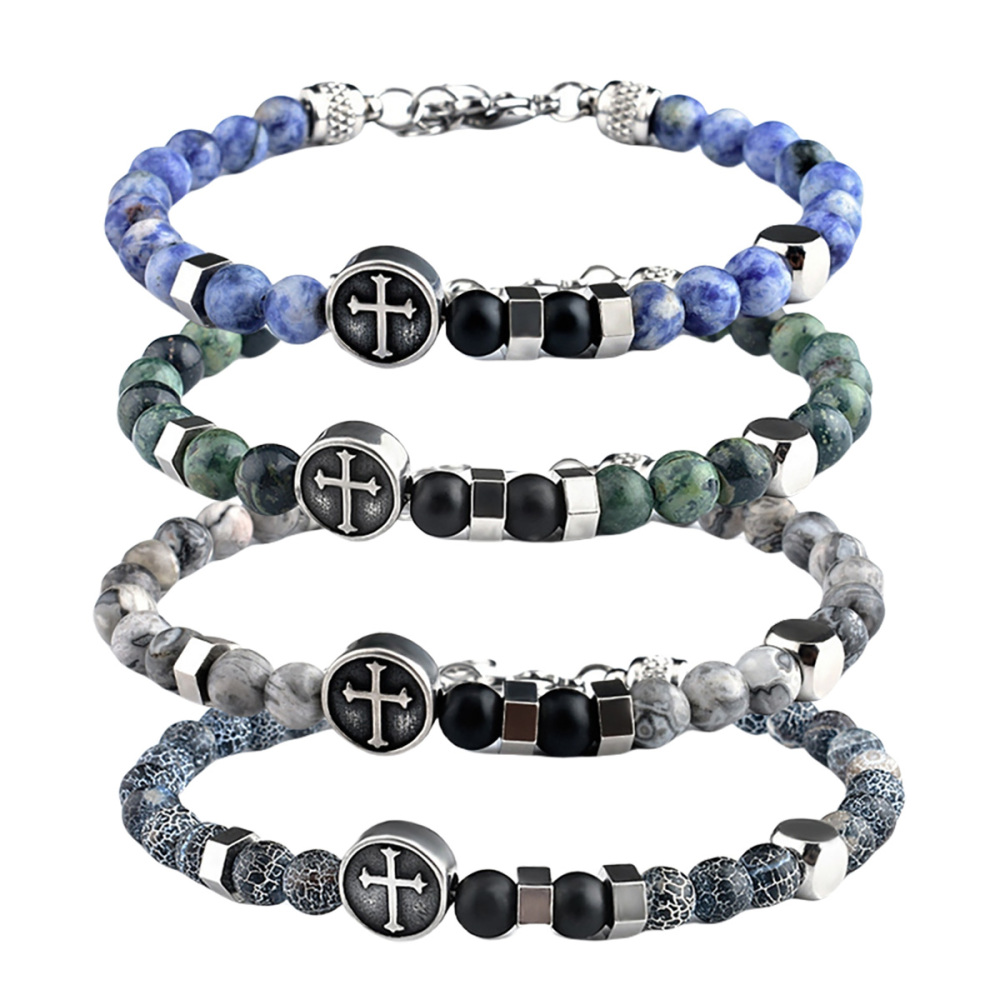 Stainless Steel Cross Charms 6MM Gemstone Beads Bracelet SB2144