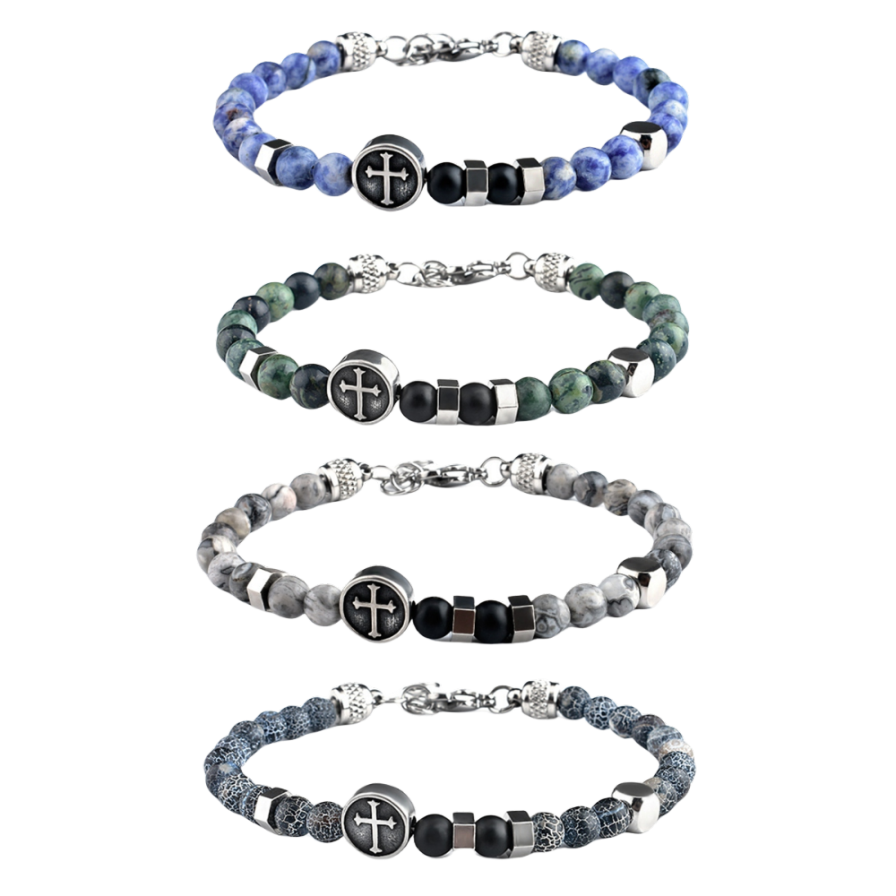 Stainless Steel Cross Charms 6MM Gemstone Beads Bracelet SB2144