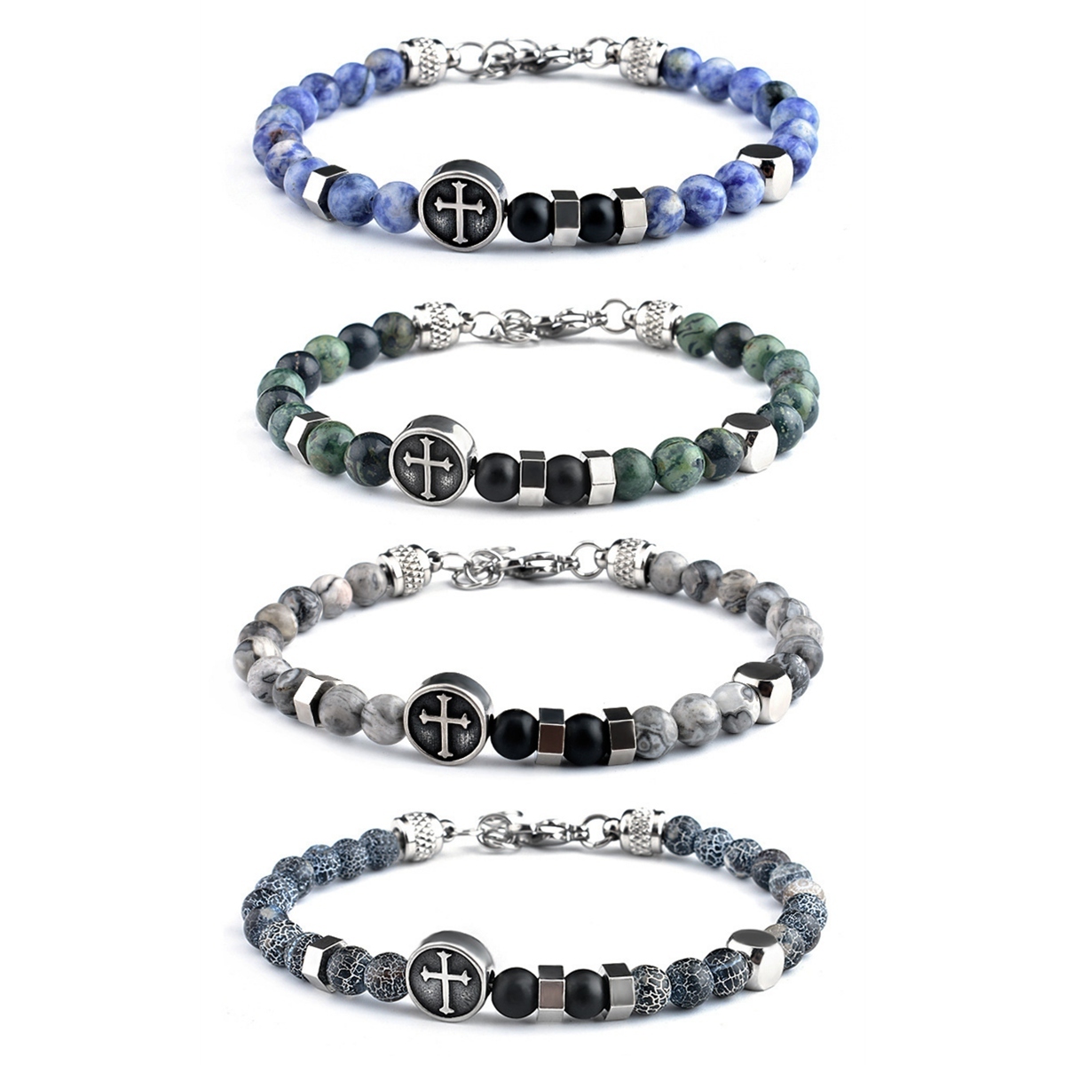 Stainless Steel Cross Charms 6MM Gemstone Beads Bracelet SB2144