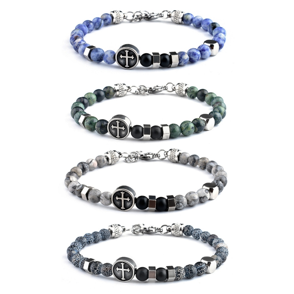 Stainless Steel Cross Charms 6MM Gemstone Beads Bracelet SB2144