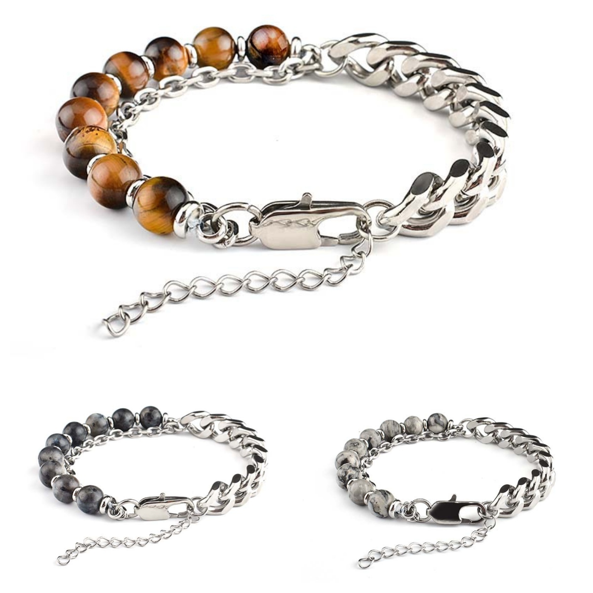 Stainless Steel Chain 8MM Gemstone Beads Bracelet SB2143