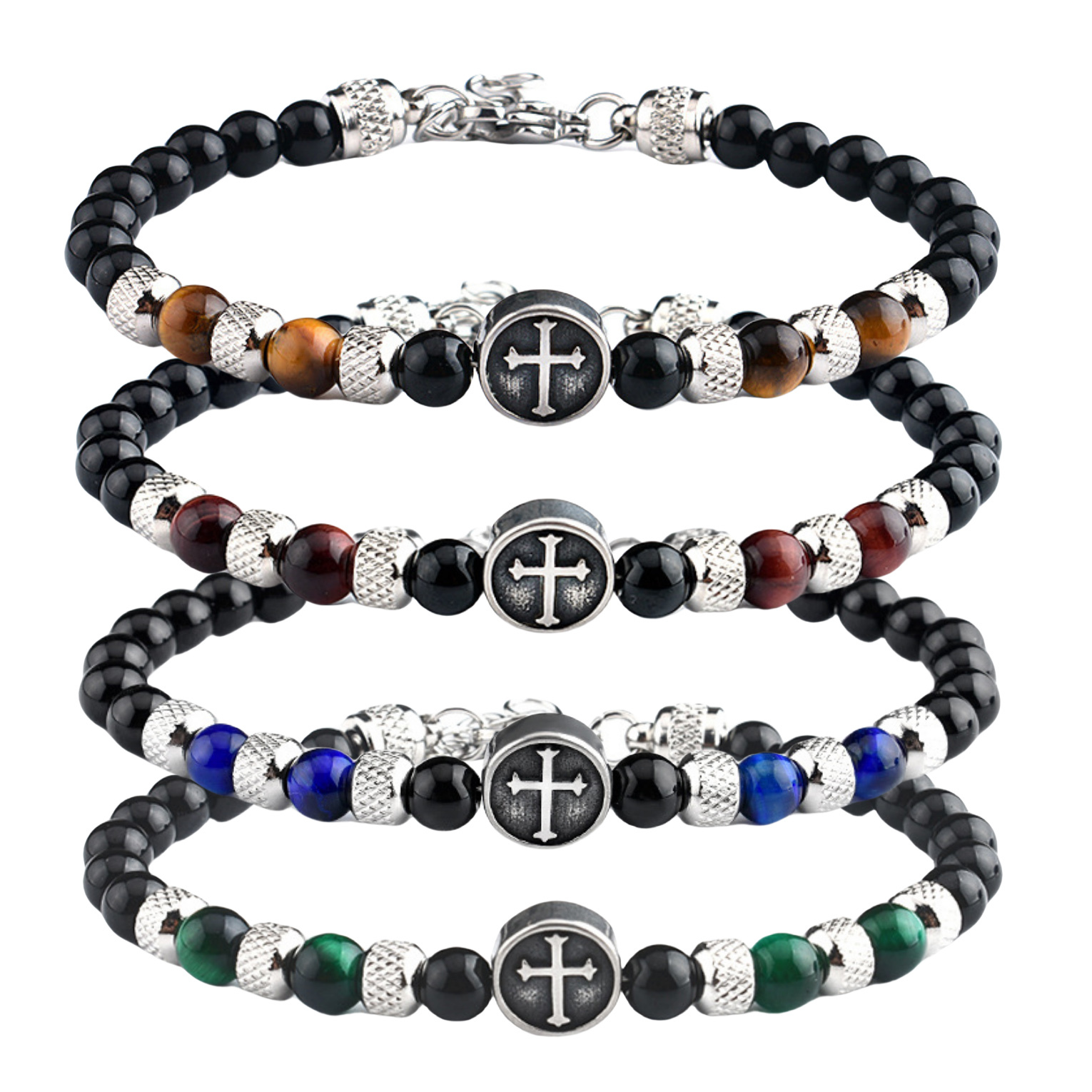 Stainless Steel Cross Charms 6MM Gemstone Black Onyx Beads Bracelet SB2145