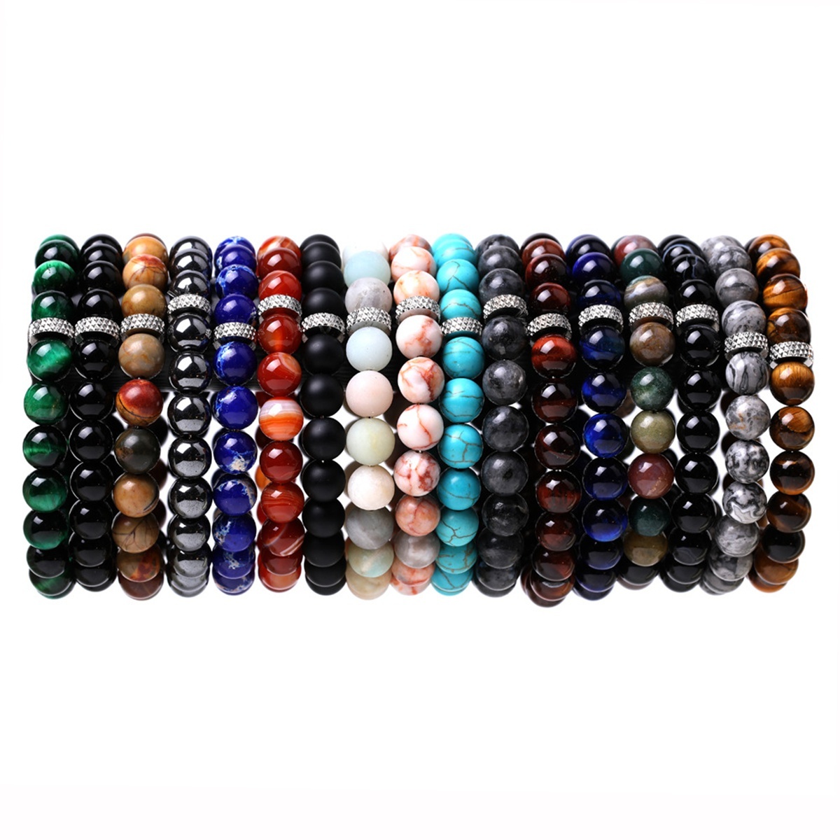 8mm Gemstone Beaded Bracelet  for Women Men Stainless Steel Spacer Stone  Round Beads Bracelets #SB2059