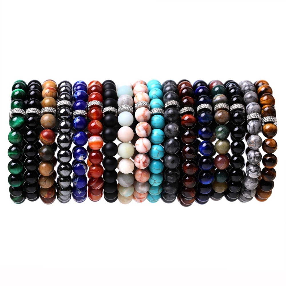 8mm Gemstone Beaded Bracelet  for Women Men Stainless Steel Spacer Stone  Round Beads Bracelets #SB2059