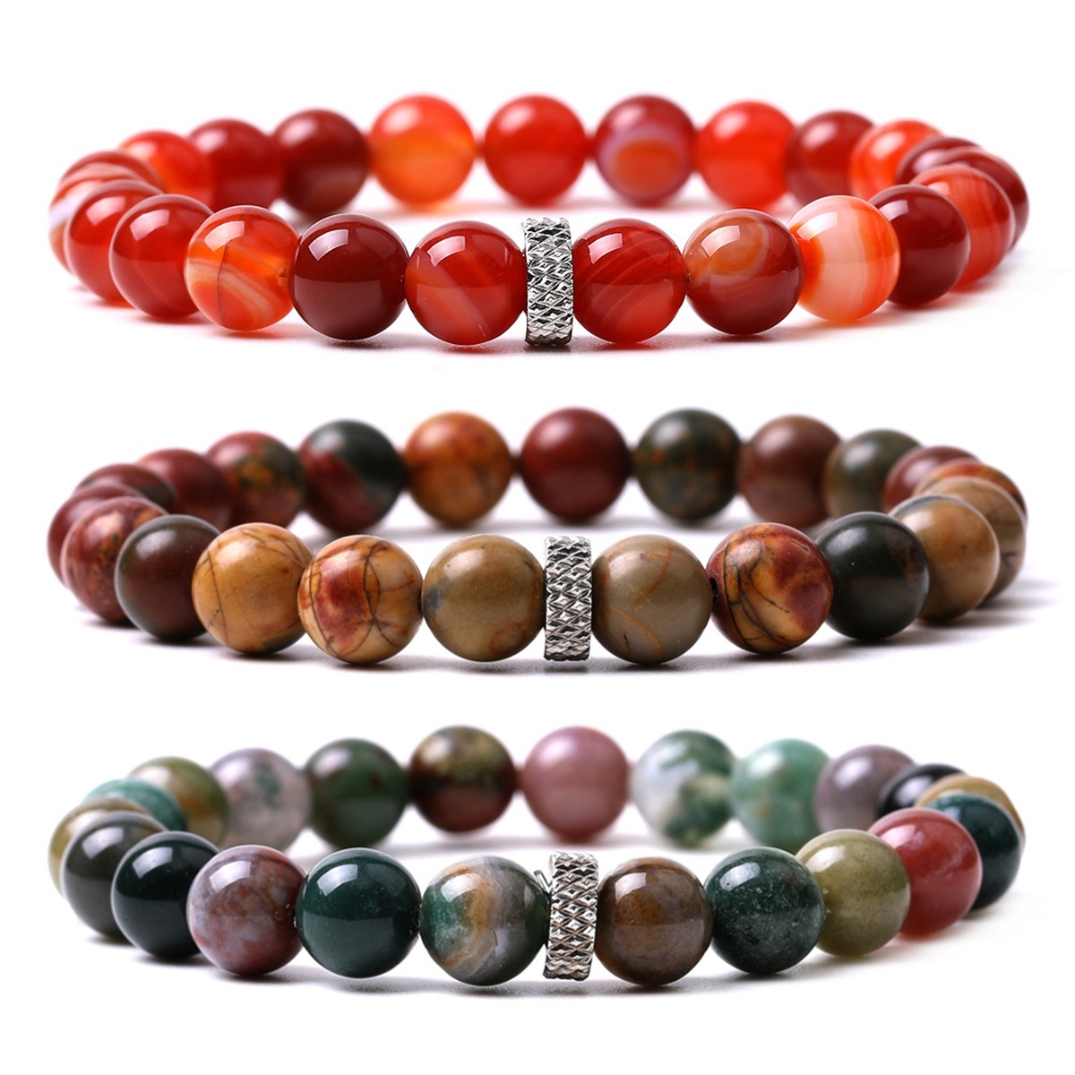 8mm Gemstone Beaded Bracelet  for Women Men Stainless Steel Spacer Stone  Round Beads Bracelets #SB2059