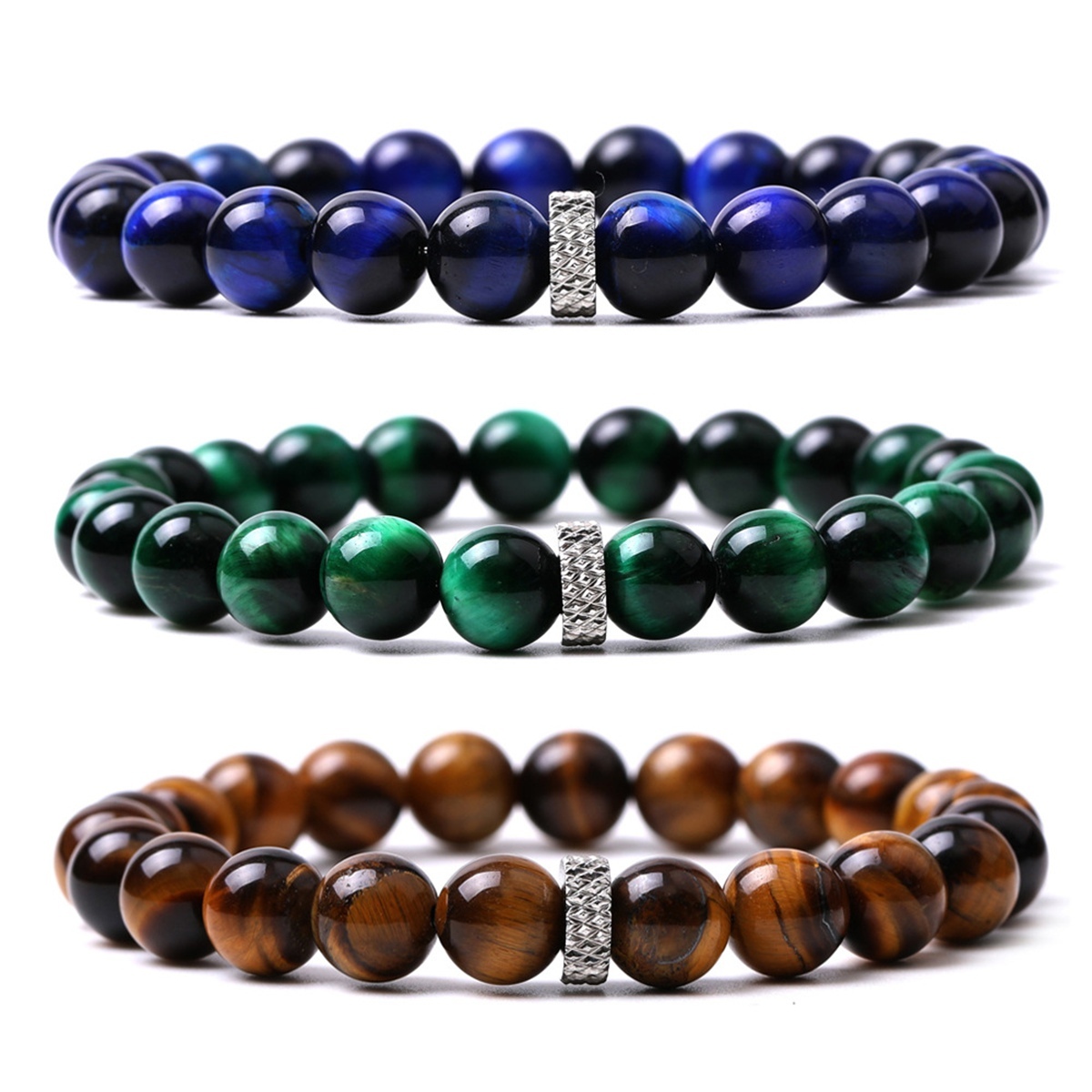 8mm Gemstone Beaded Bracelet  for Women Men Stainless Steel Spacer Stone  Round Beads Bracelets #SB2059