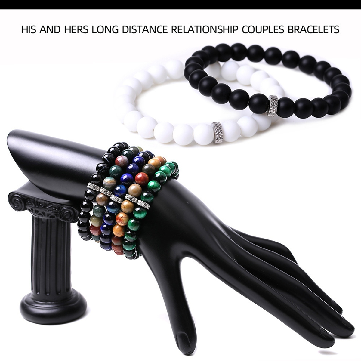 8mm Gemstone Beaded Bracelet  for Women Men Stainless Steel Spacer Stone  Round Beads Bracelets #SB2059