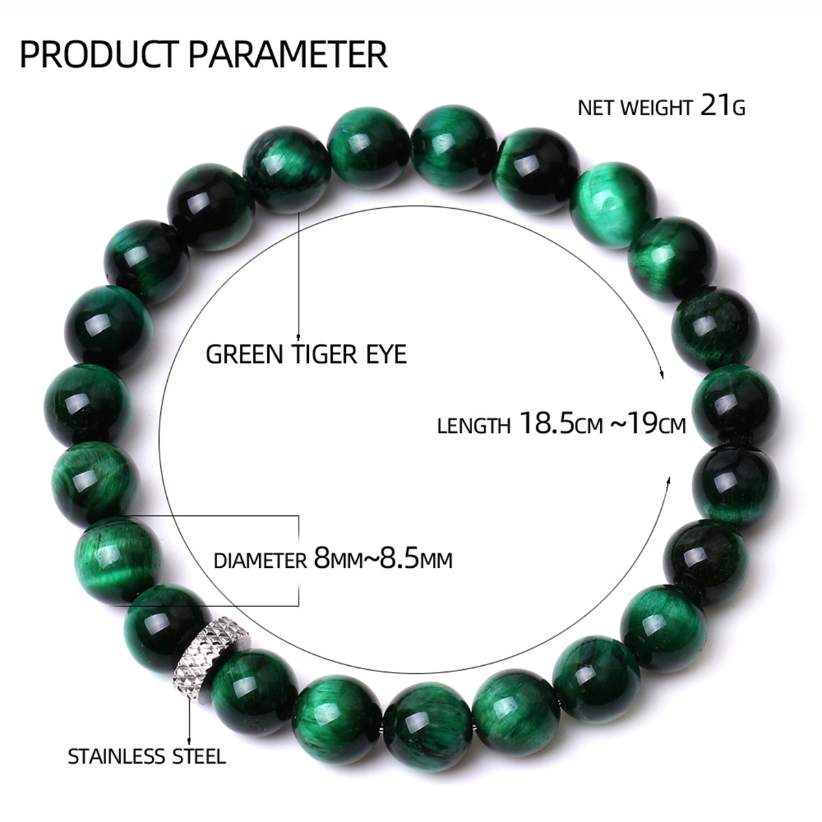 8mm Gemstone Beaded Bracelet  for Women Men Stainless Steel Spacer Stone  Round Beads Bracelets #SB2059