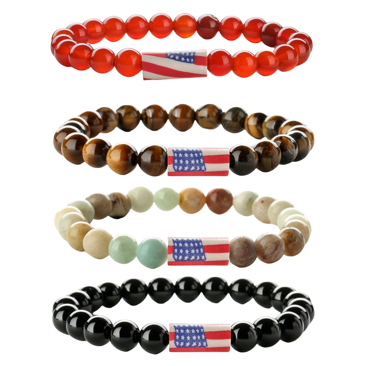 8mm Gemstone Beaded USA Flag Stone Bracelet for Women Men #SB2062
