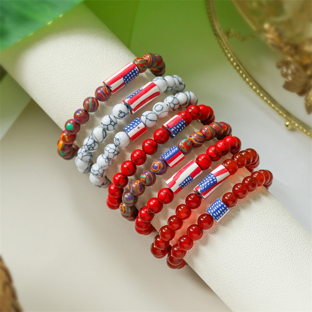 8mm Gemstone Beaded USA Flag Stone Bracelet for Women Men #SB2062