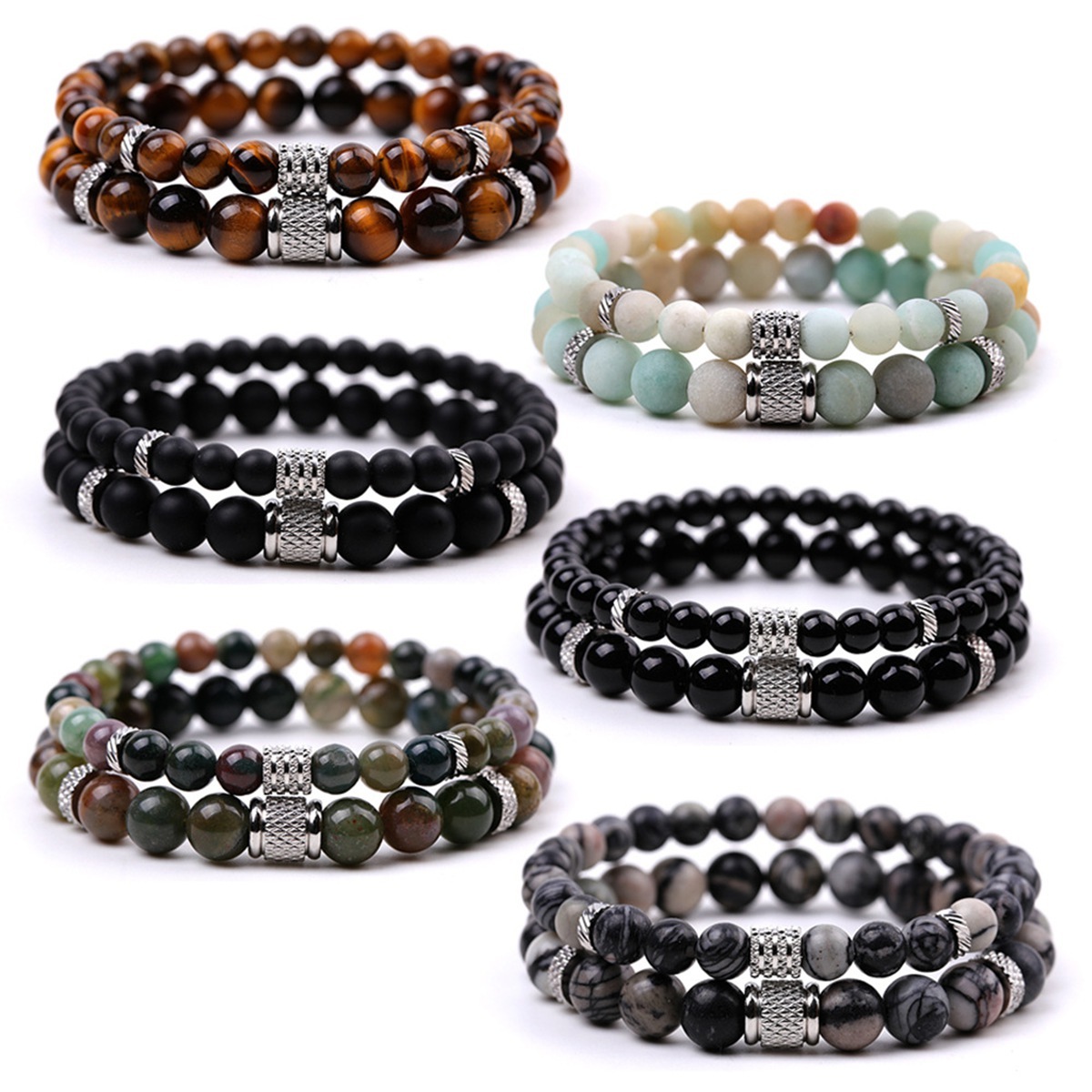 Couple Gemstone Stainless Steel Spacer Beads Bracelet for Women Men #SB2127