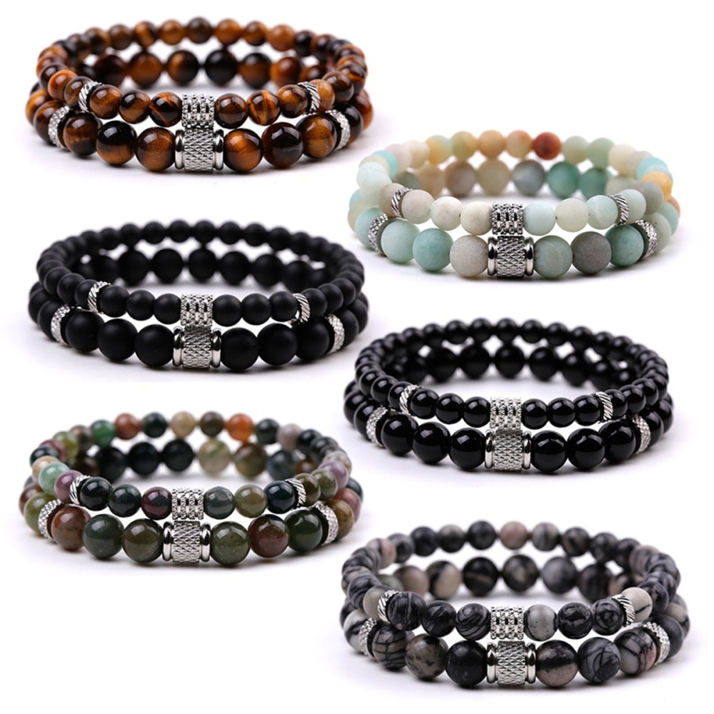Couple Gemstone Stainless Steel Spacer Beads Bracelet for Women Men #SB2127