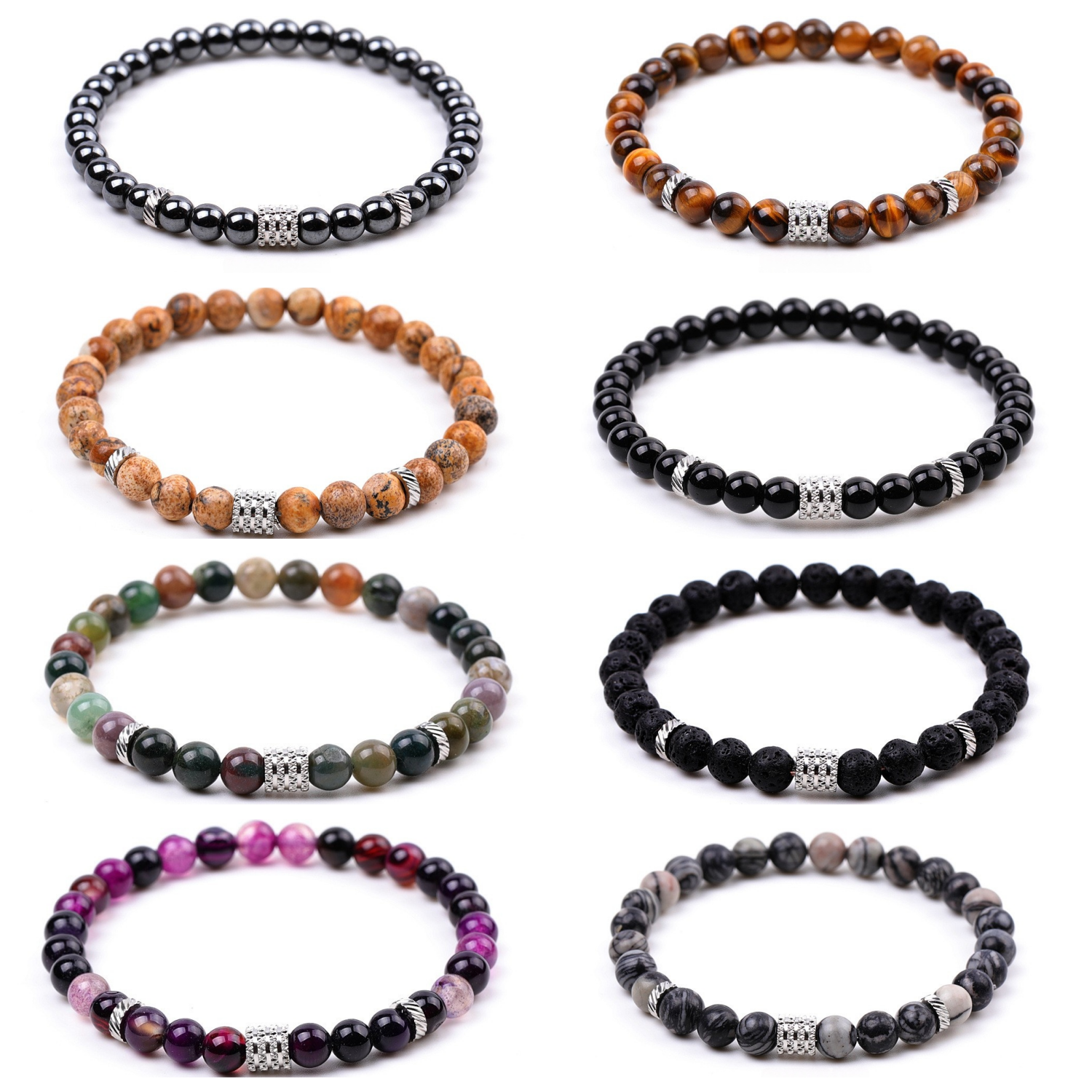 6mm Gemstone Stainless Steel Spacer Beads Bracelet for Women Men #SB2127