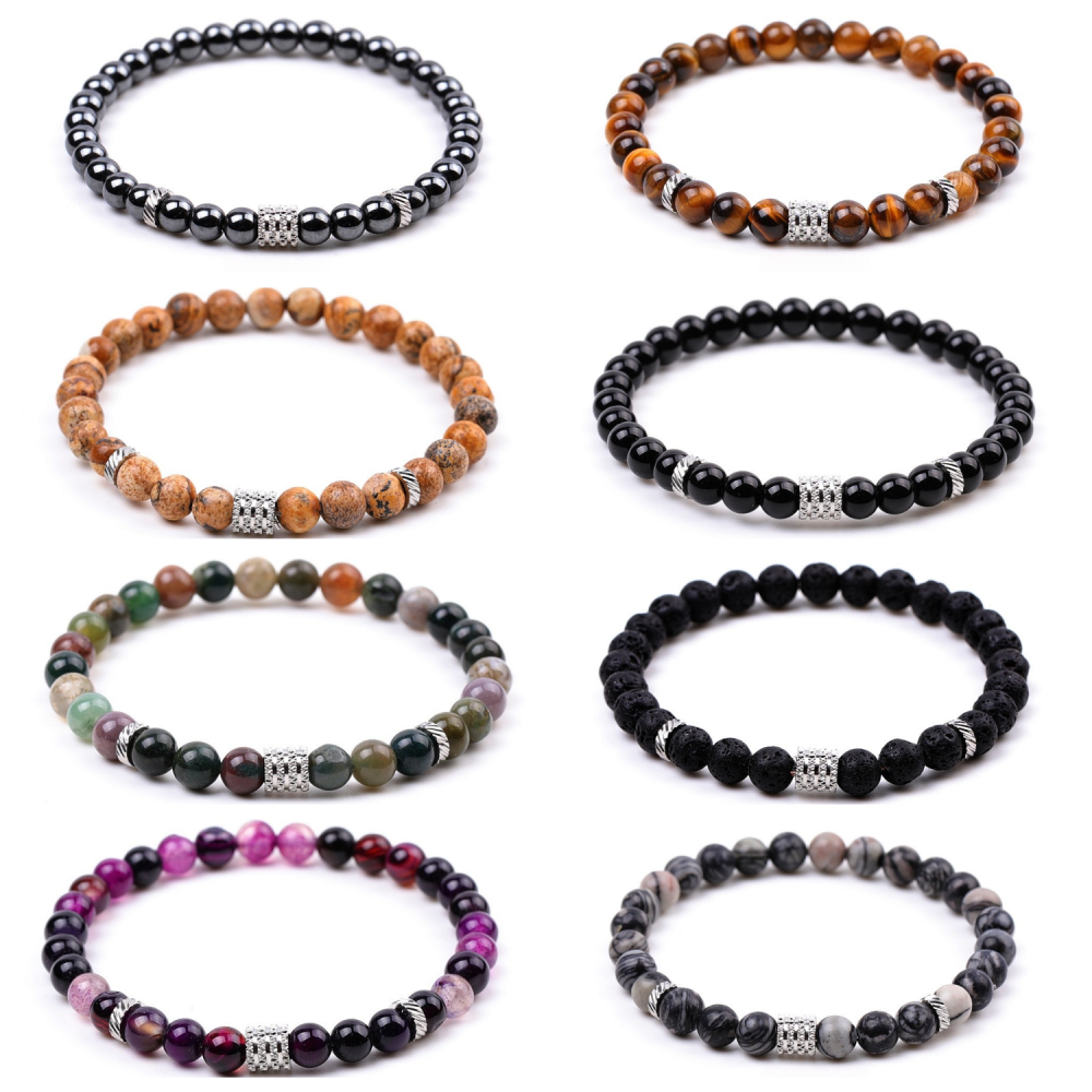 6mm Gemstone Stainless Steel Spacer Beads Bracelet for Women Men #SB2127