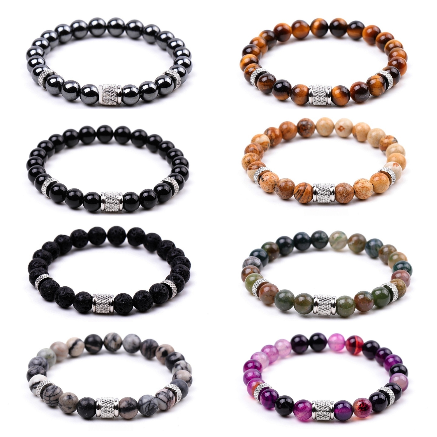 8mm Gemstone Stainless Steel Spacer Beads Bracelet for Women Men #SB2127