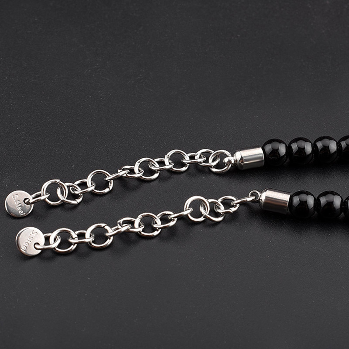 Stainless Steel Chain Black Onyx 6MM Gemstone Beads Bracelet SB2142