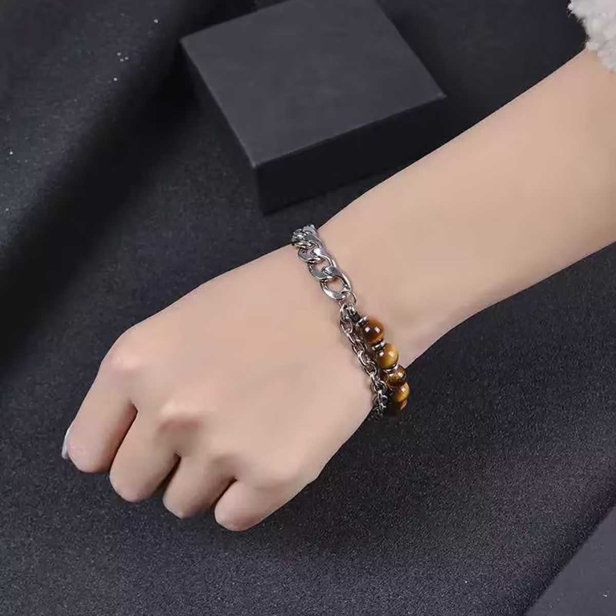 Stainless Steel Chain 8MM Gemstone Beads Bracelet SB2143