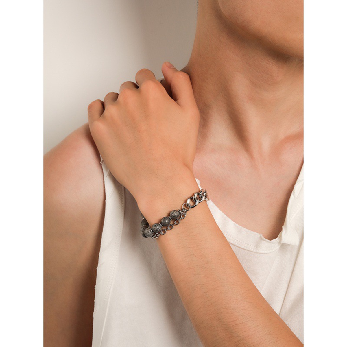 Stainless Steel Chain 8MM Gemstone Beads Bracelet SB2143