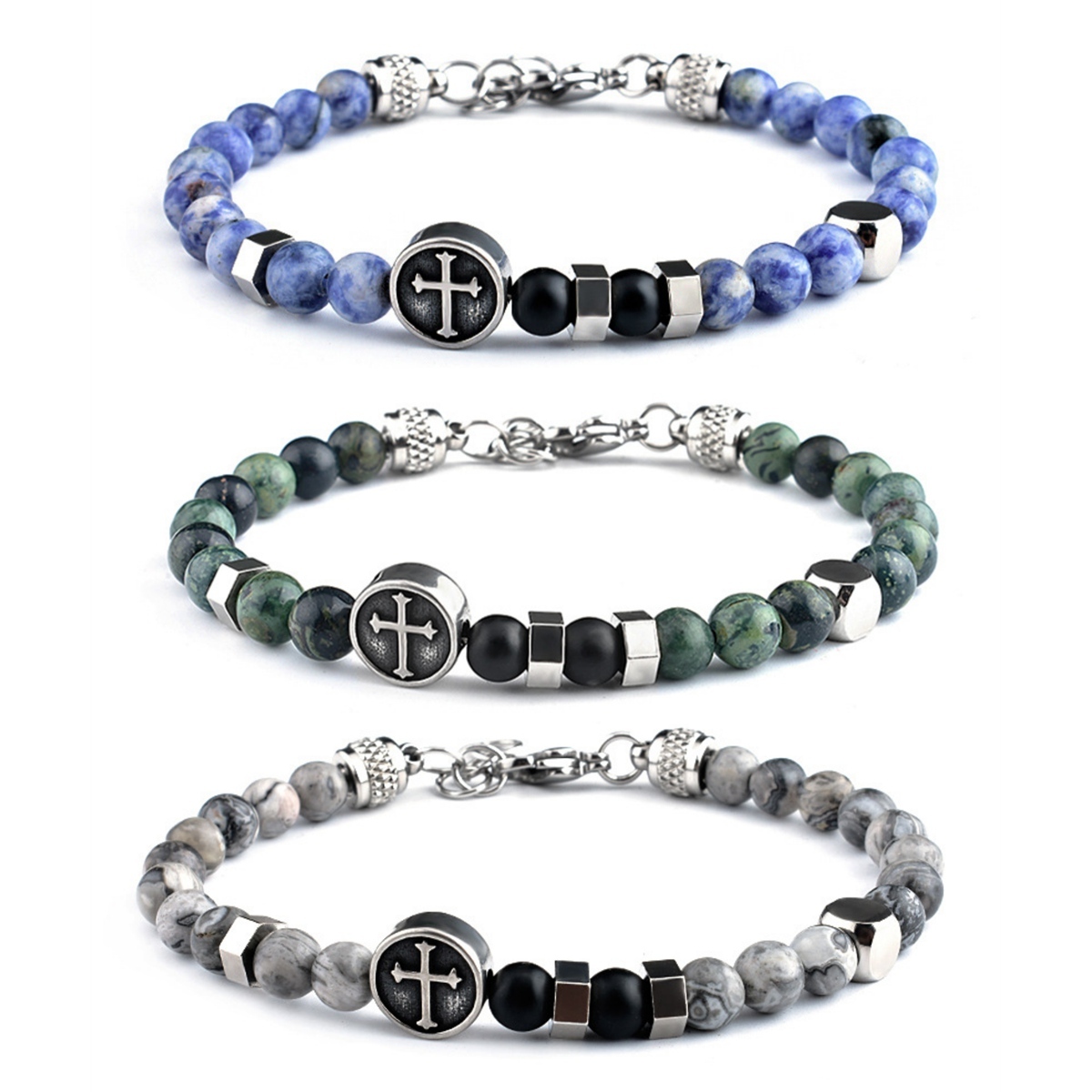 Stainless Steel Cross Charms 6MM Gemstone Beads Bracelet SB2144