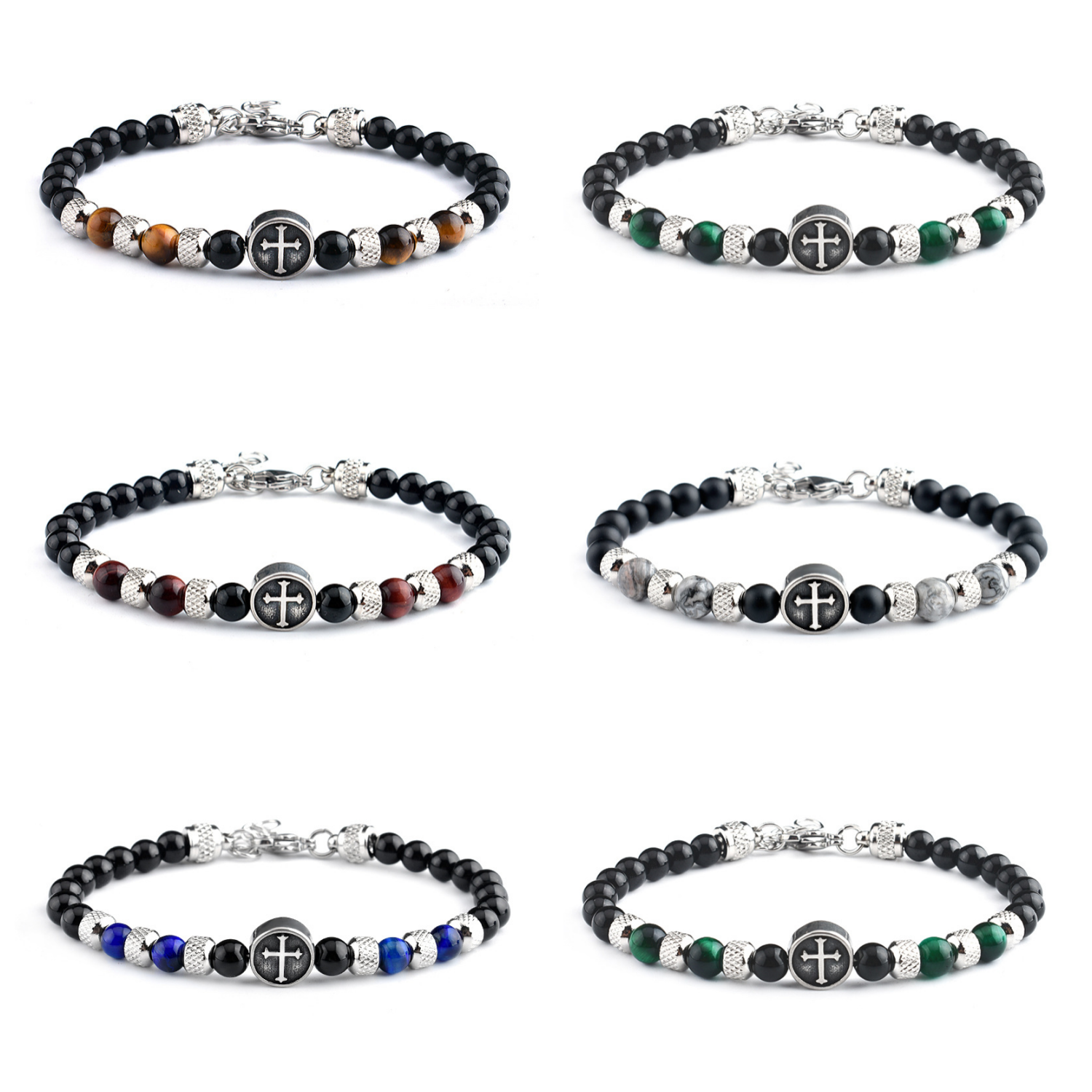 Stainless Steel Cross Charms 6MM Gemstone Black Onyx Beads Bracelet SB2145