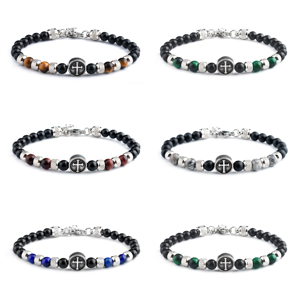 Stainless Steel Cross Charms 6MM Gemstone Black Onyx Beads Bracelet SB2145