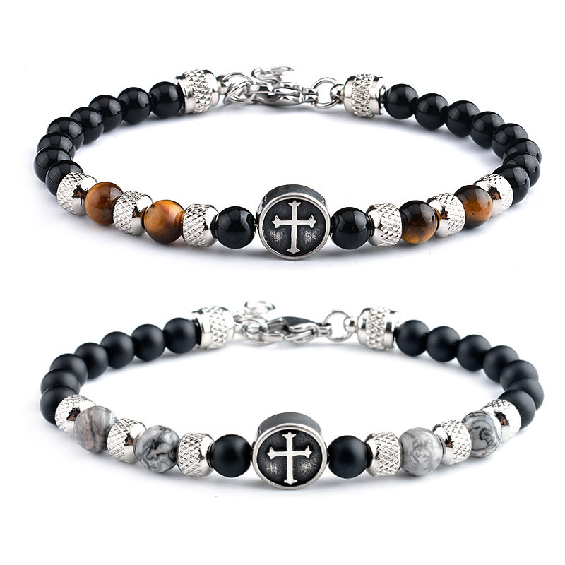 Stainless Steel Cross Charms 6MM Gemstone Black Onyx Beads Bracelet SB2145