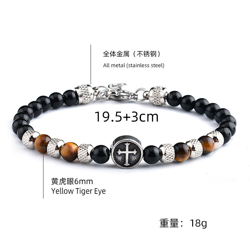 Stainless Steel Cross Charms 6MM Gemstone Black Onyx Beads Bracelet SB2145