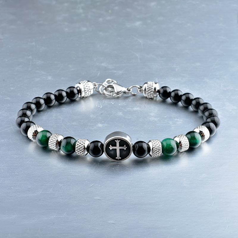 Stainless Steel Cross Charms 6MM Gemstone Black Onyx Beads Bracelet SB2145