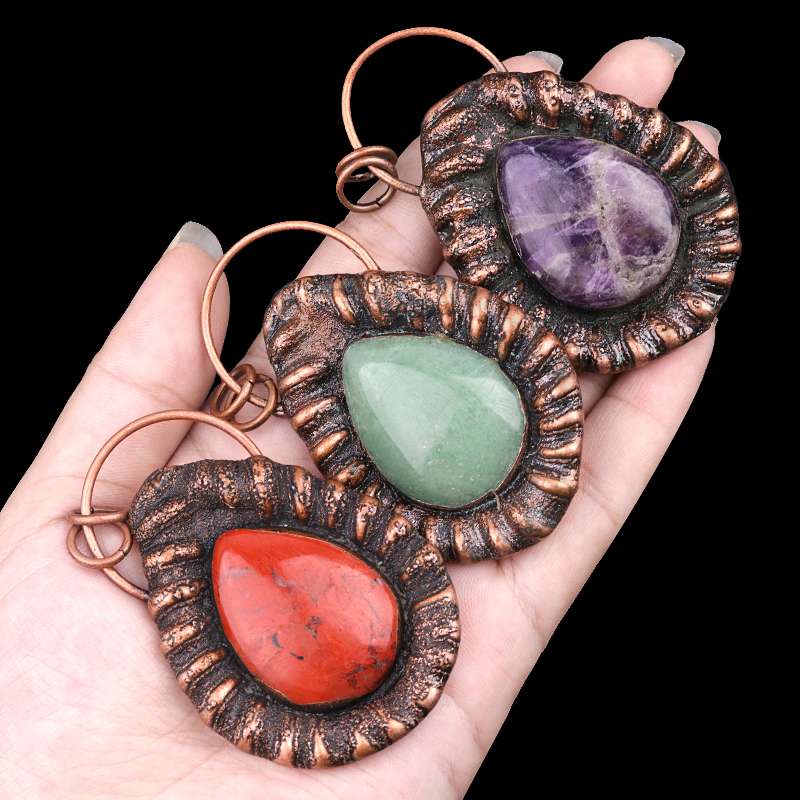 Handcrafted Retro Red Copper Pendant with Teardrop Crystal for Making Jewelry SP1912C
