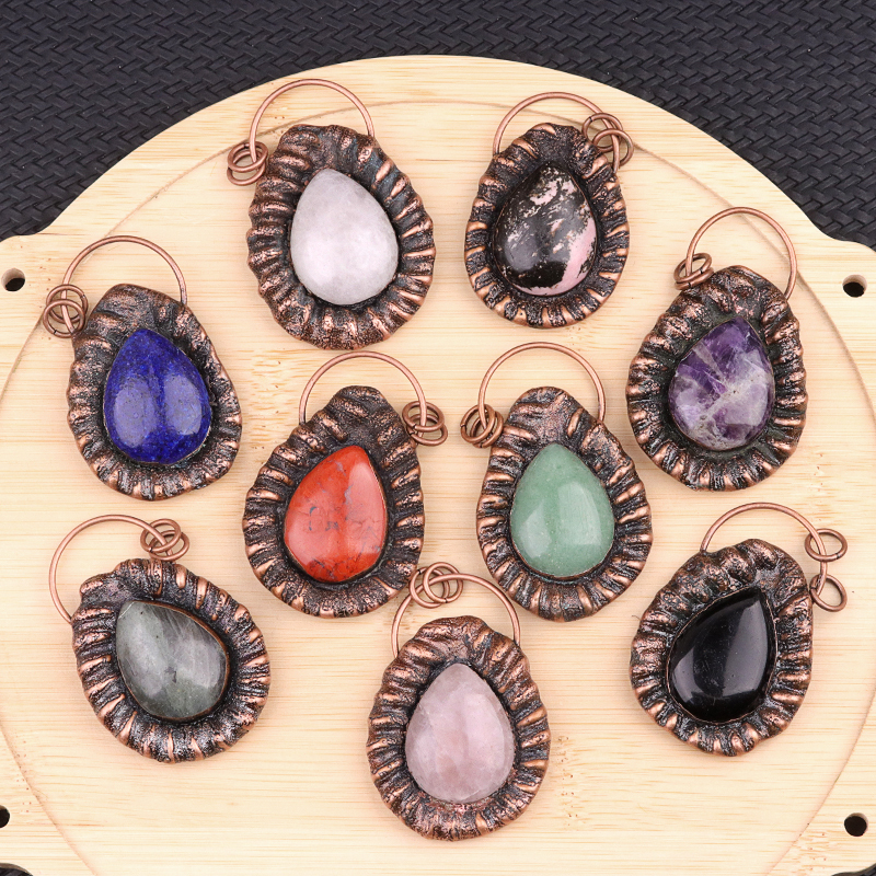 Handcrafted Retro Red Copper Pendant with Teardrop Crystal for Making Jewelry SP1912C