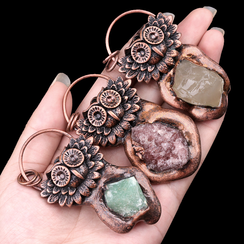 Natural Raw Gemstone Nugget Handcrafted Retro Red Copper OwlPendant for Making Jewelry SP1915C