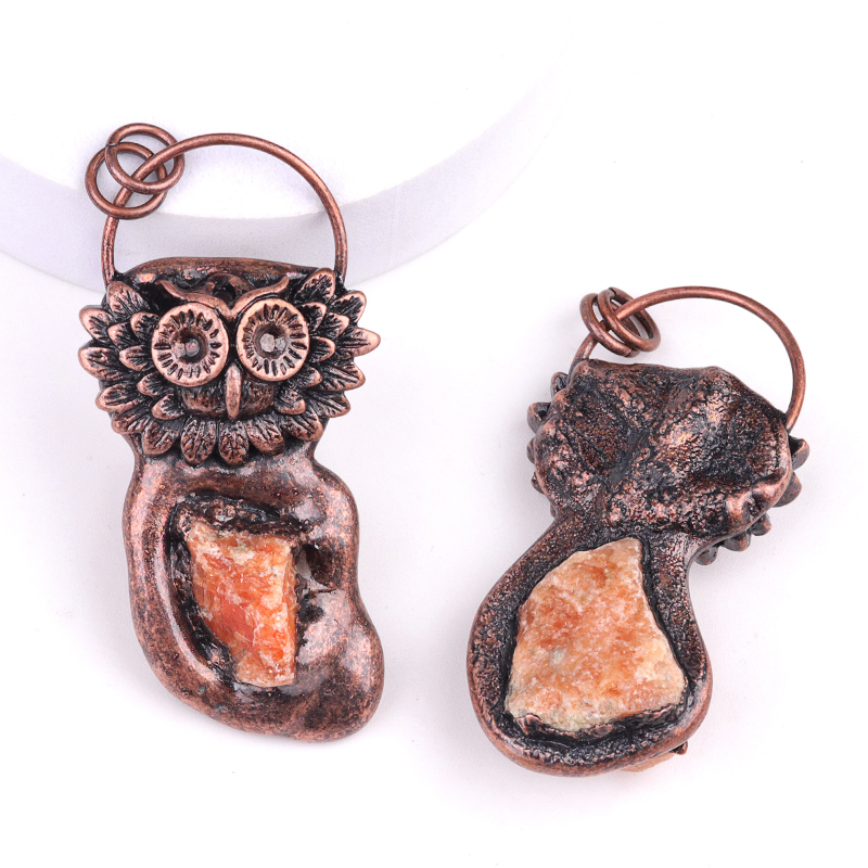 Natural Raw Gemstone Nugget Handcrafted Retro Red Copper OwlPendant for Making Jewelry SP1915C