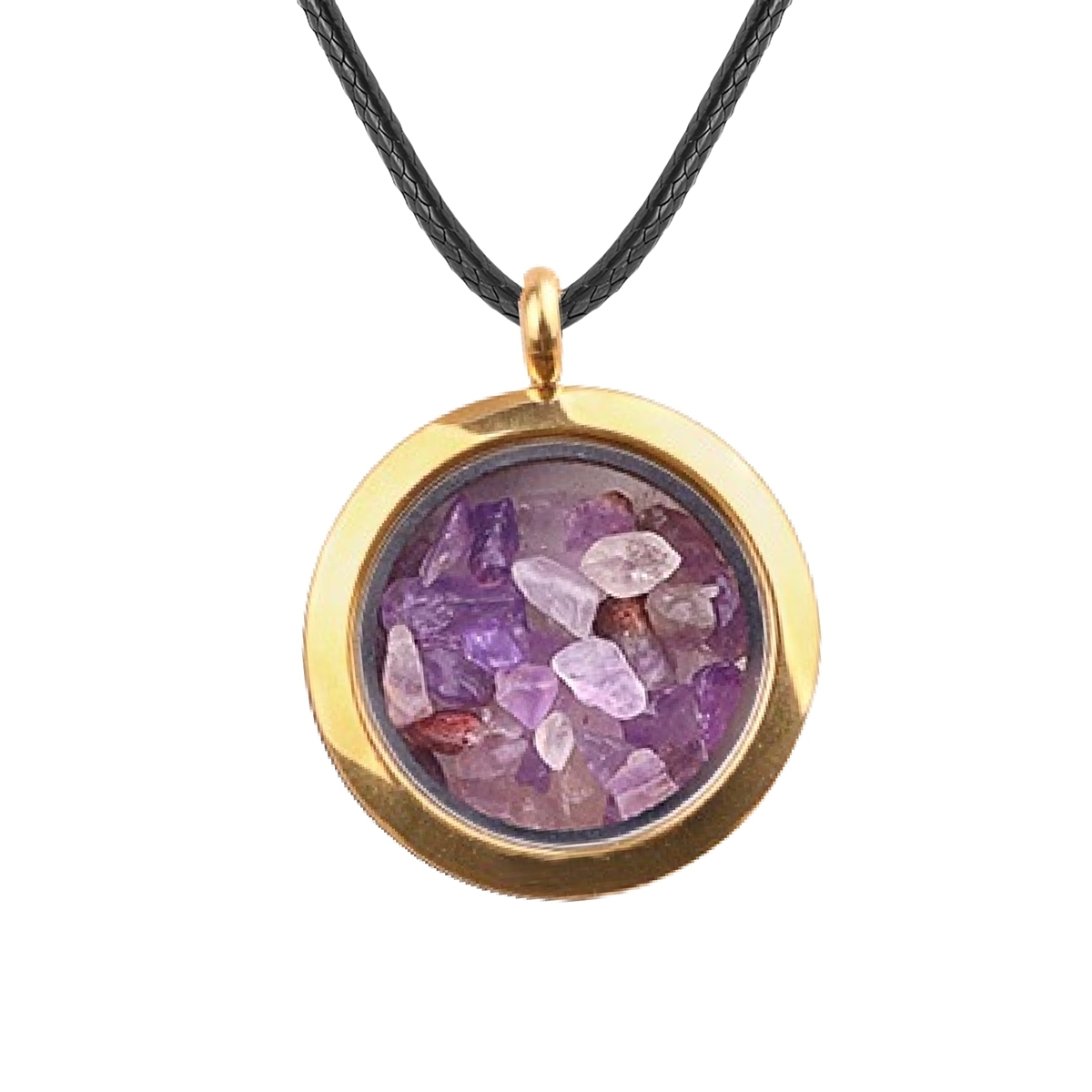 Gold Stainless Steel Living Memory Floating Locket Chamrs Gemstone Pendant Necklace 45cm Blalck Cord