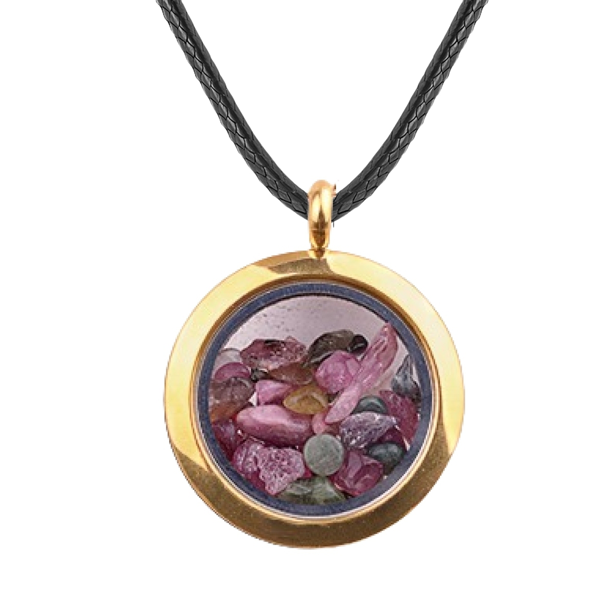 Gold Stainless Steel Living Memory Floating Locket Chamrs Gemstone Pendant Necklace 45cm Blalck Cord
