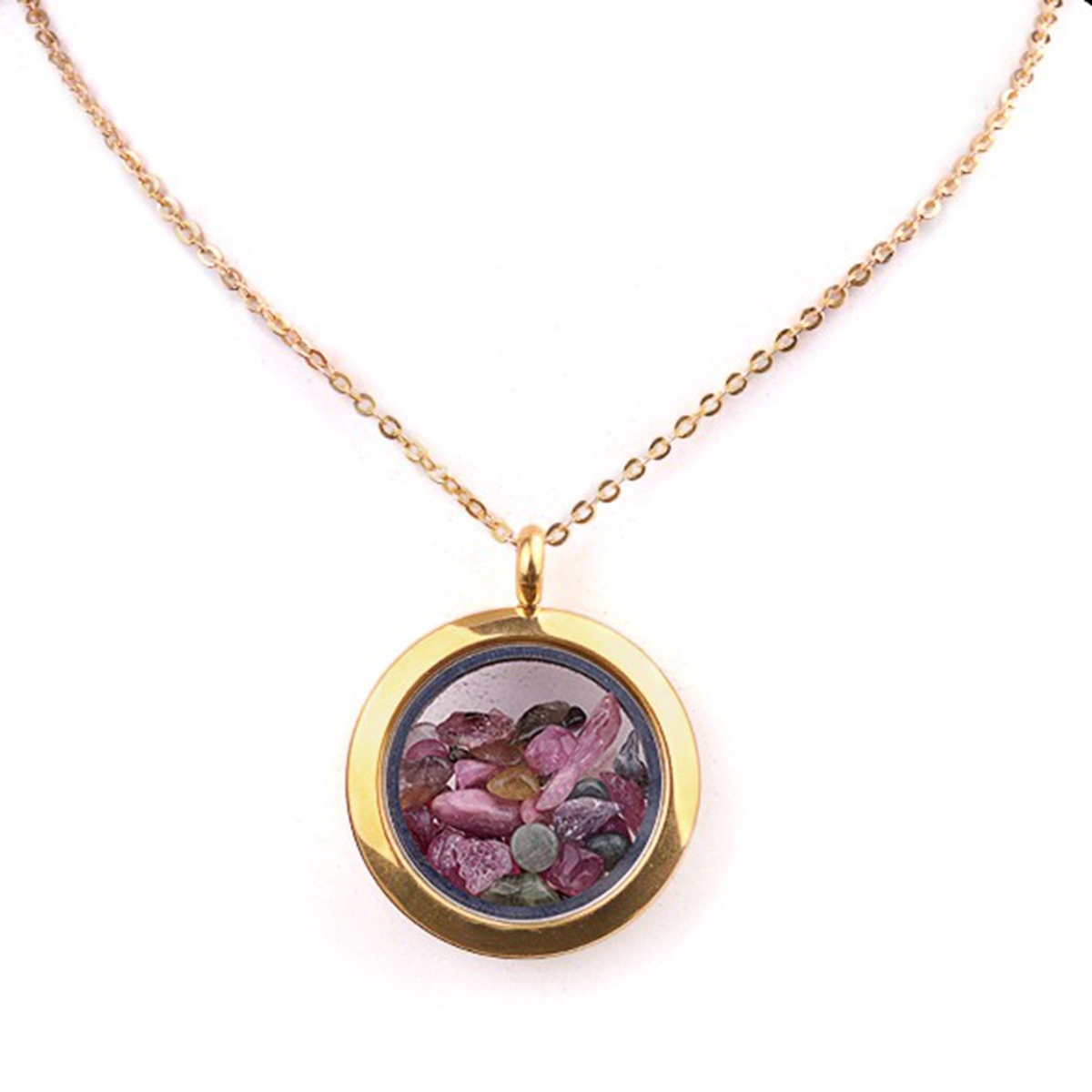 Gold Stainless Steel Living Memory Floating Locket Chamrs Gemstone Pendant Necklace