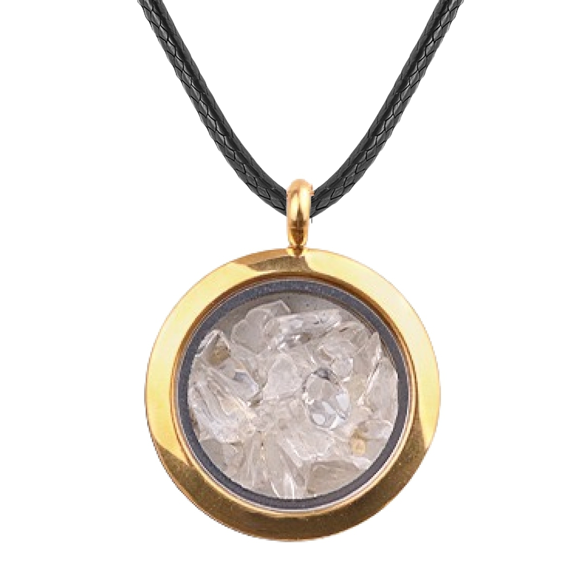 Gold Stainless Steel Living Memory Floating Locket Chamrs Gemstone Pendant Necklace 45cm Blalck Cord