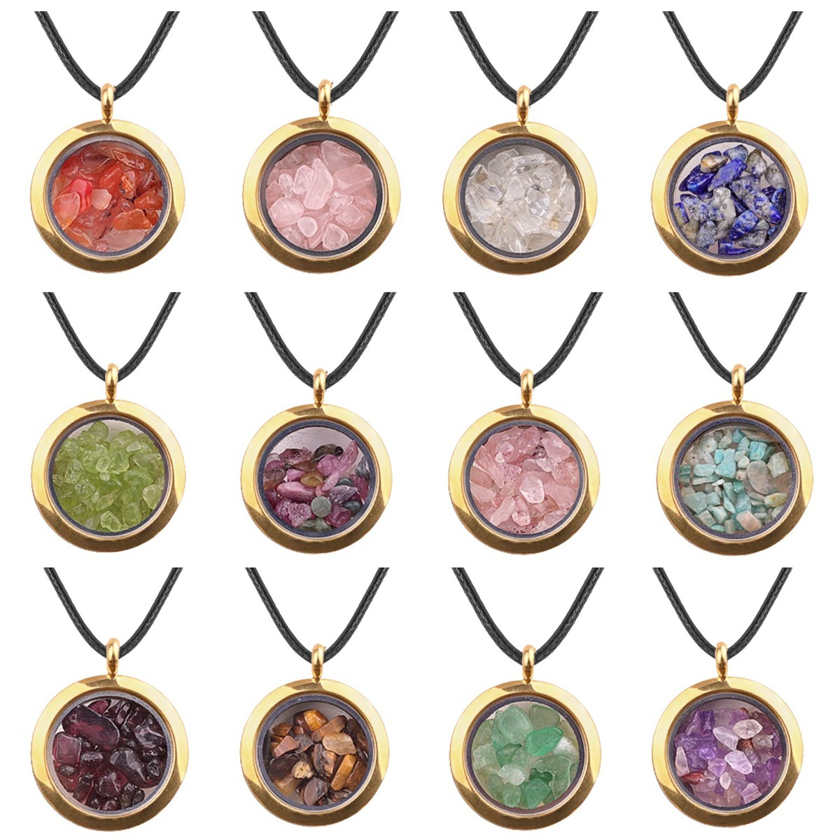 Gold Stainless Steel Living Memory Floating Locket Chamrs Gemstone Pendant Necklace 45cm Blalck Cord
