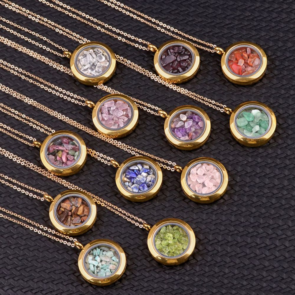Gold Stainless Steel Living Memory Floating Locket Chamrs Gemstone Pendant Necklace