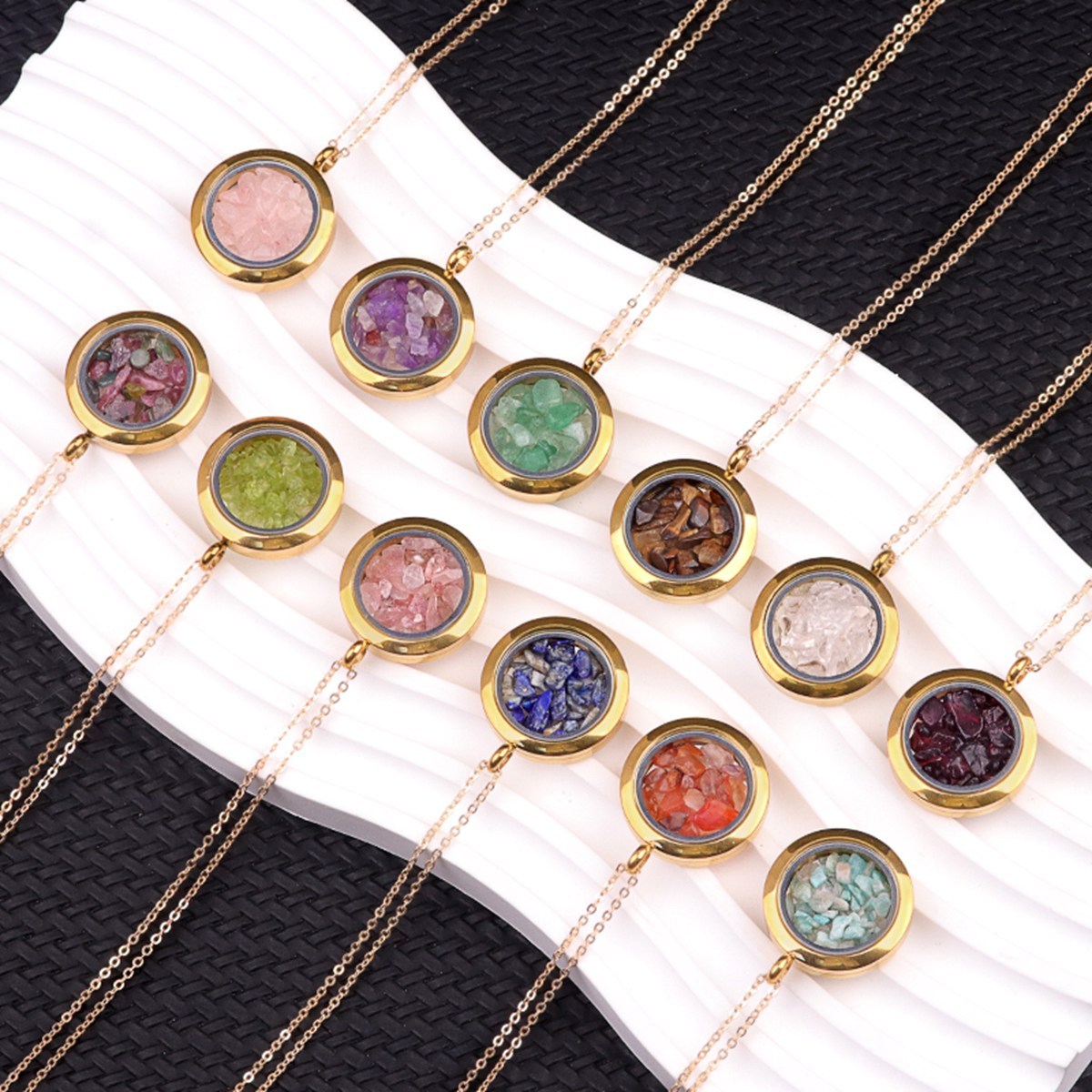 Gold Stainless Steel Living Memory Floating Locket Chamrs Gemstone Pendant Necklace